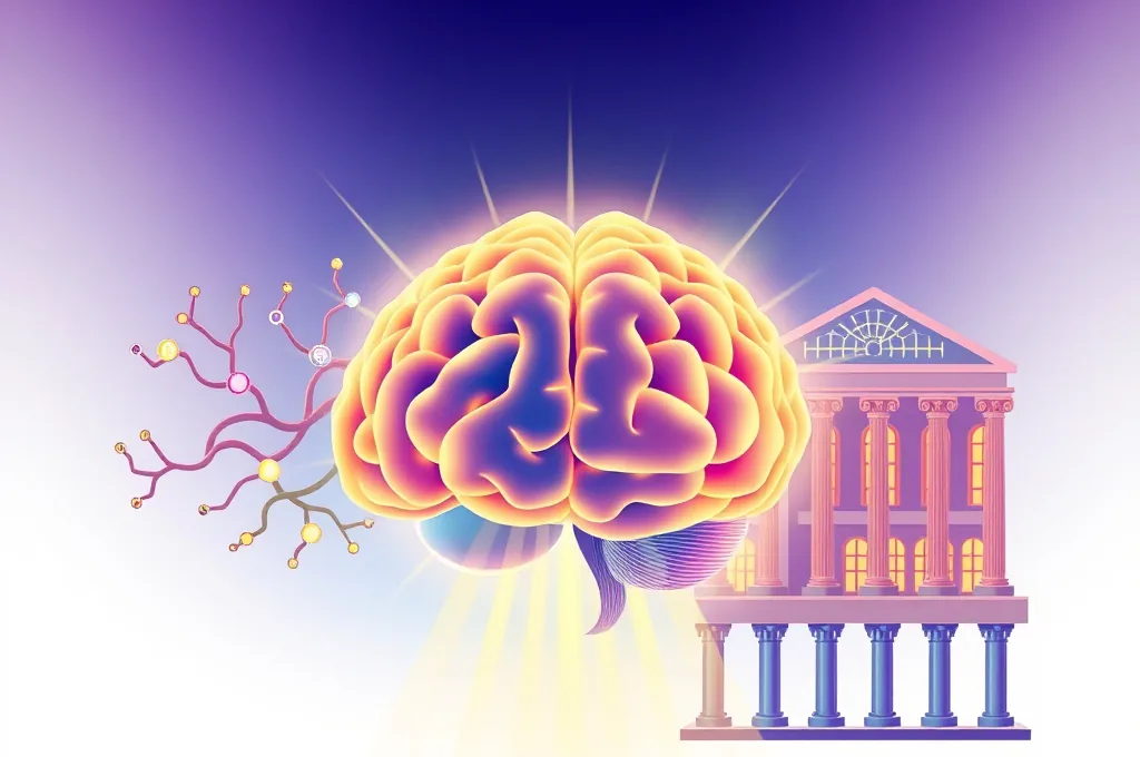 Un cerveau lumineux entouré des branches d’une carte heuristique et d’un palais de la mémoire